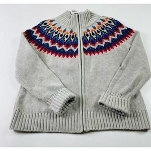 Chaps Womens Gray Zip Up Knit Sweater Nordic Fair Isle Pattern Cardigan Sz L New